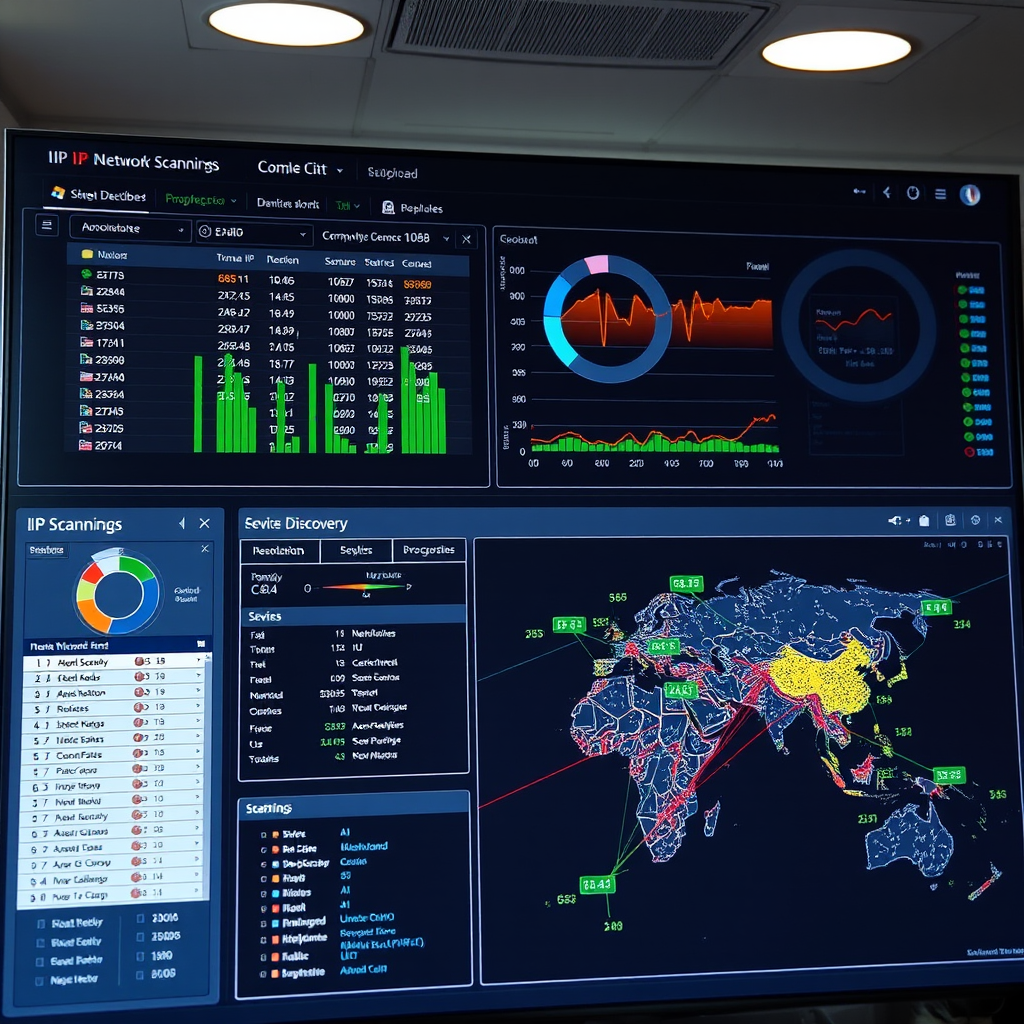 Professional network scanner dashboard showing real-time IP scanning results, device discovery, and security monitoring interface with detailed network topology visualization