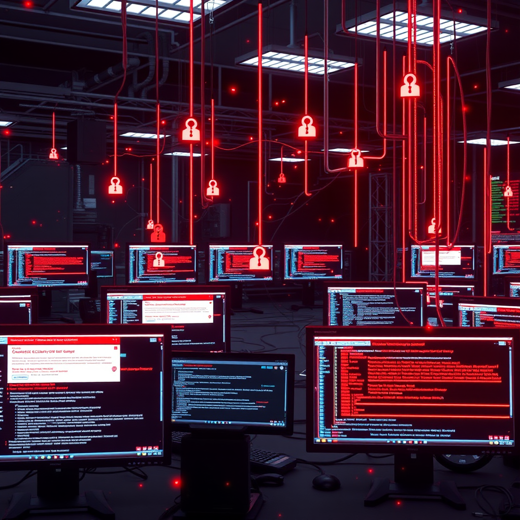 Network security breach visualization showing compromised devices across enterprise infrastructure with red warning indicators and security alerts on multiple computer screens