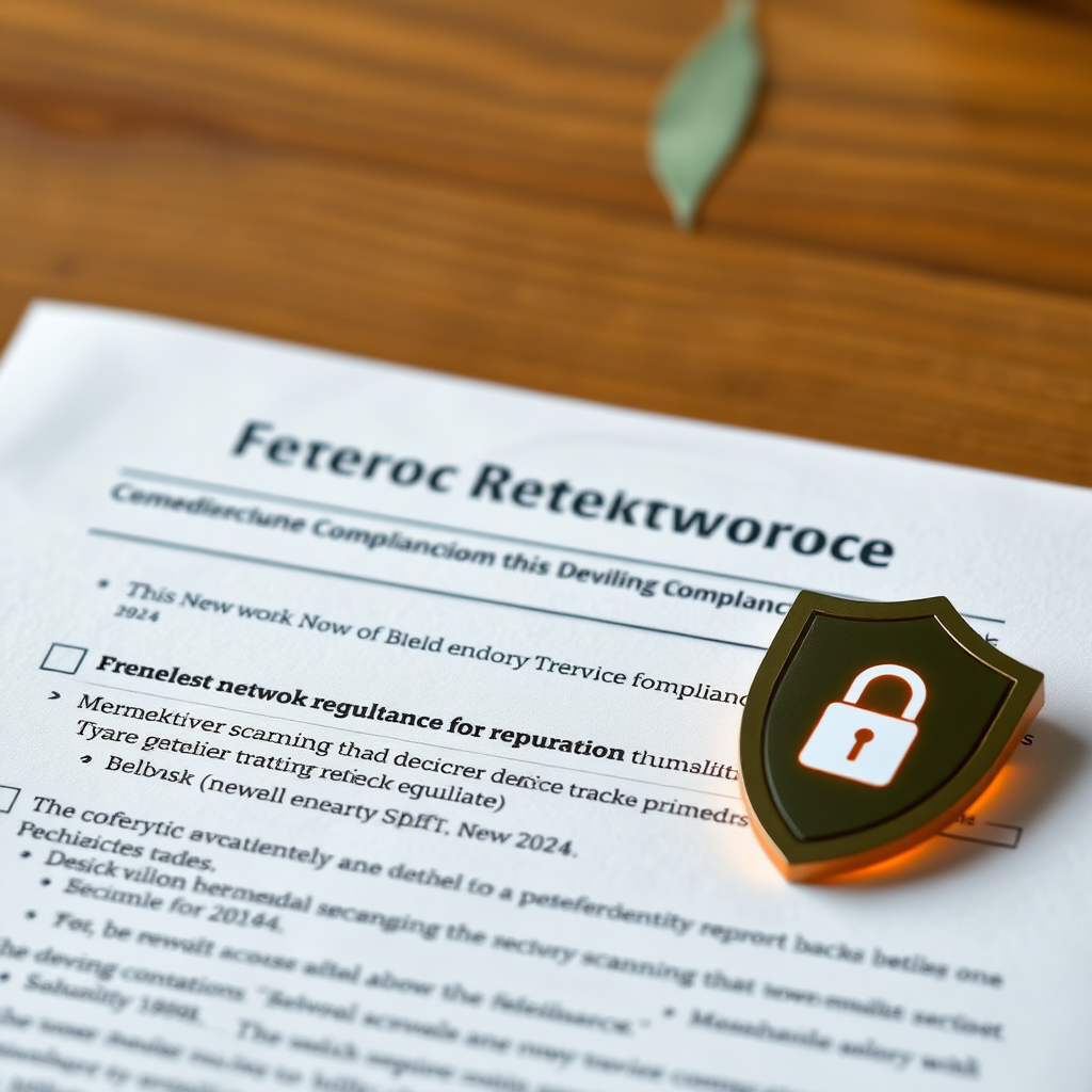 Federal cybersecurity compliance document with network monitoring icons and security shields, representing new 2024 regulations for network scanning and device tracking requirements