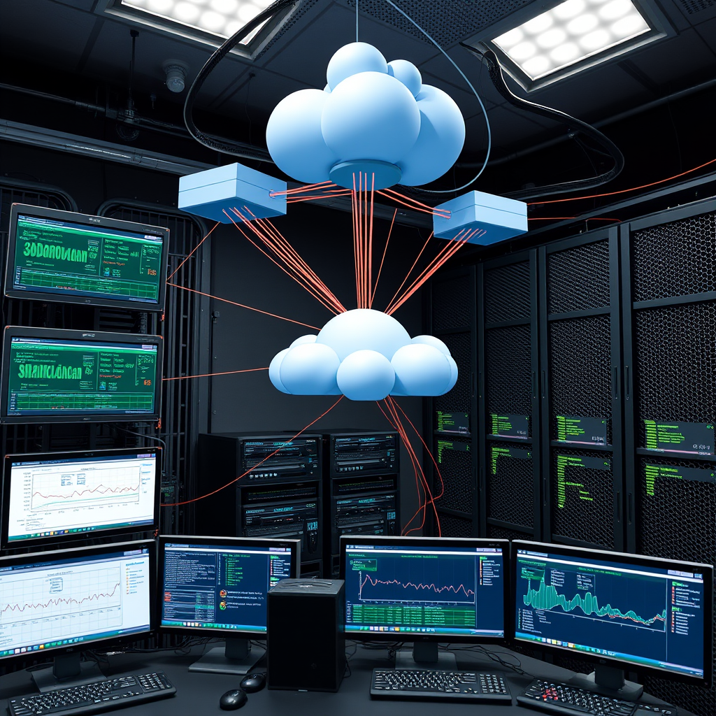 Network infrastructure diagram showing interconnected servers, routers, and monitoring systems with performance metrics displayed on multiple screens in a modern data center environment
