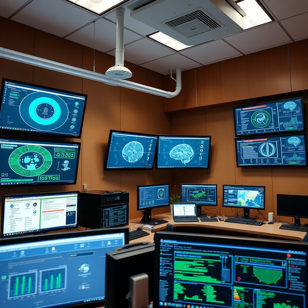 Healthcare facility network security monitoring room with multiple screens displaying network scanner interfaces, medical equipment connectivity status, and cybersecurity threat detection dashboards