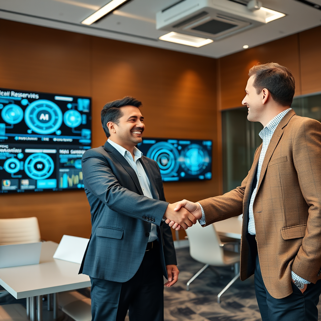 Business executives from major technology companies shaking hands in a modern conference room with network security diagrams and IP scanning technology displays on screens in the background
