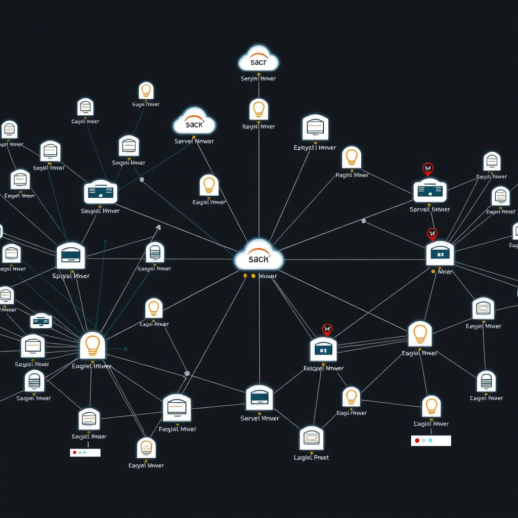 Network topology visualization showing interconnected devices, servers, routers, and switches in a comprehensive network infrastructure map with scanning indicators and device identification markers
