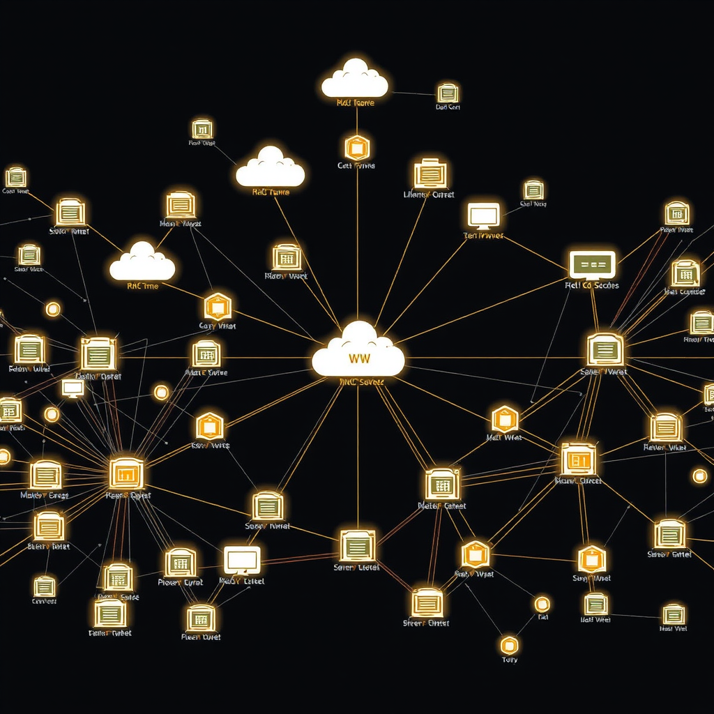 Advanced network topology visualization showing interconnected devices, servers, routers, and switches in a comprehensive network infrastructure map with real-time monitoring capabilities
