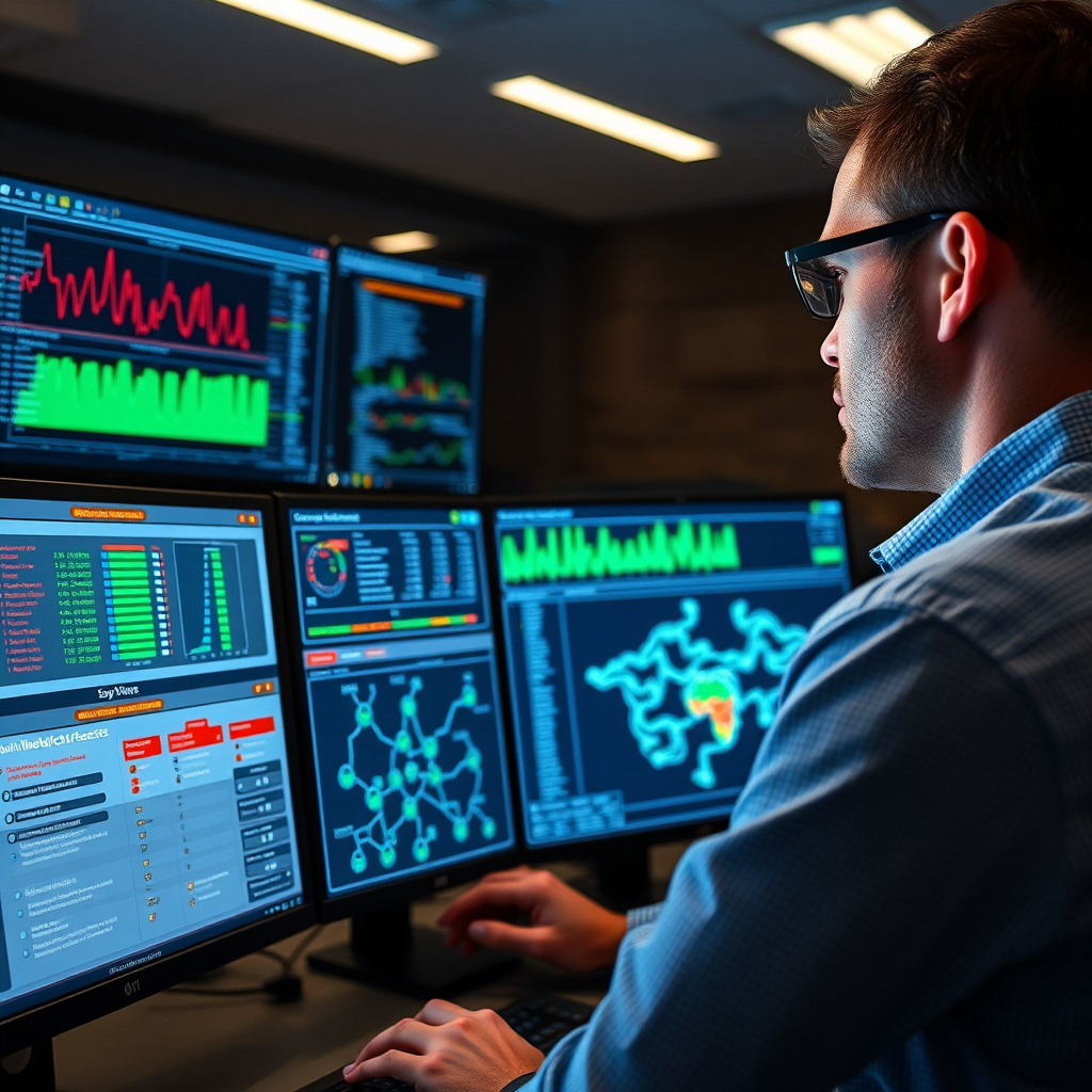 Cybersecurity professional analyzing network vulnerability scan results on multiple monitors showing security assessment dashboard with threat detection alerts and network topology visualization
