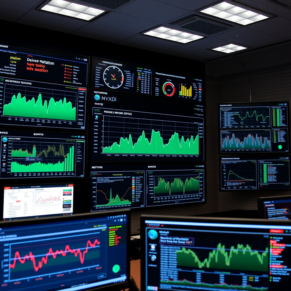 Network performance monitoring dashboard showing real-time metrics, device status indicators, bandwidth utilization graphs, and alert notifications on multiple screens in a modern network operations center