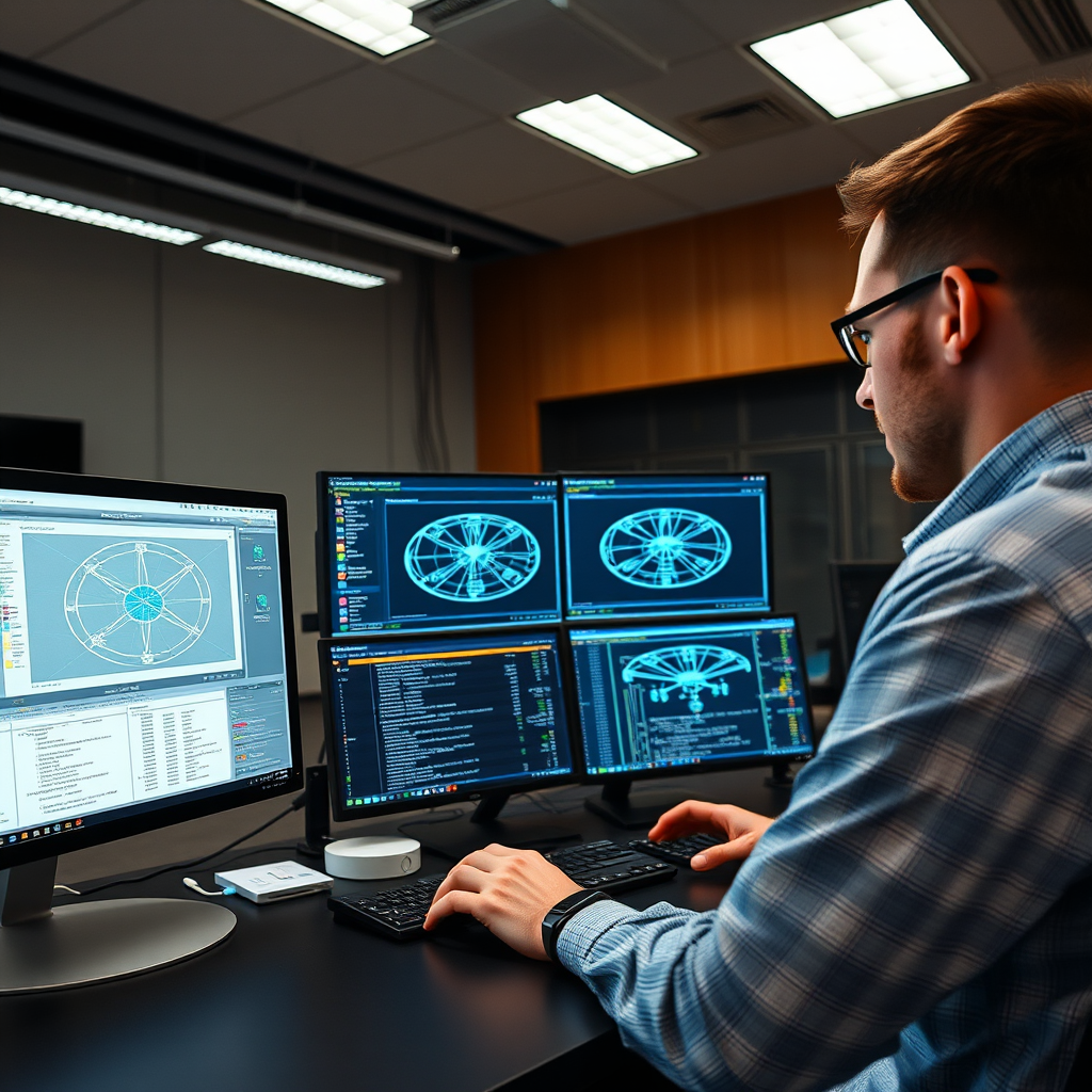 Professional network engineers working on custom network architecture design with multiple monitors showing network topology diagrams and scanning interfaces