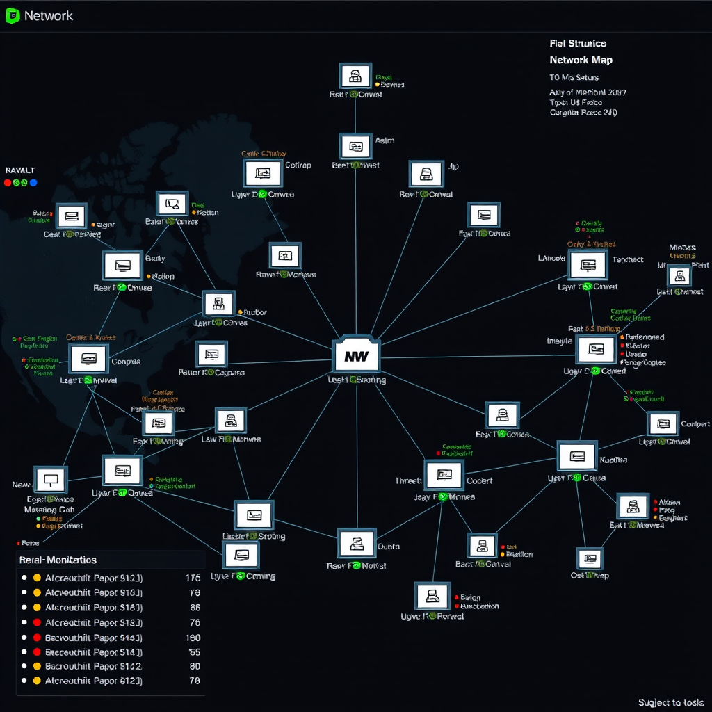 Advanced network topology map showing connected devices, IP addresses, and network structure with color-coded security status indicators and real-time monitoring data
