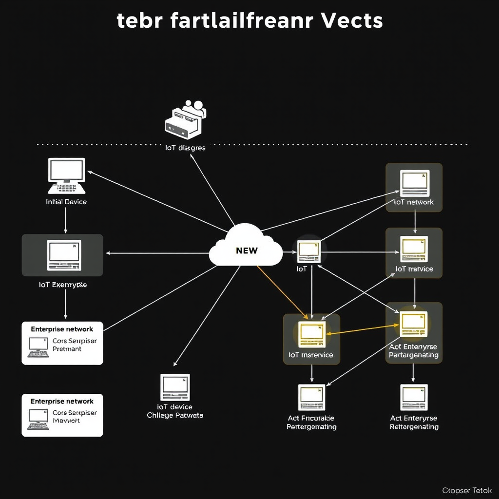Detailed network attack vector diagram showing the progression from initial IoT device compromise through lateral movement across enterprise network segments with highlighted vulnerable points
