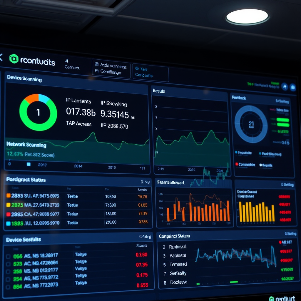 Modern network monitoring dashboard showing real-time device scanning results, IP addresses, and compliance status indicators for cybersecurity management