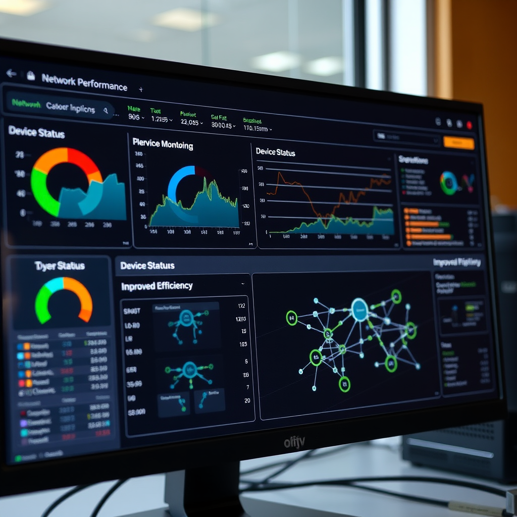 Computer screen displaying network performance dashboard with real-time monitoring graphs, device status indicators, and network topology visualization showing improved efficiency metrics
