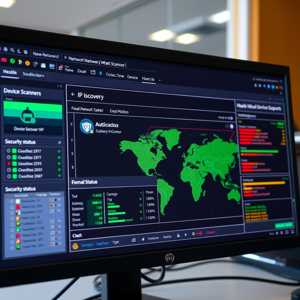 Computer screen showing network scanner dashboard with real-time device discovery, IP address mapping, and security status indicators for healthcare network infrastructure