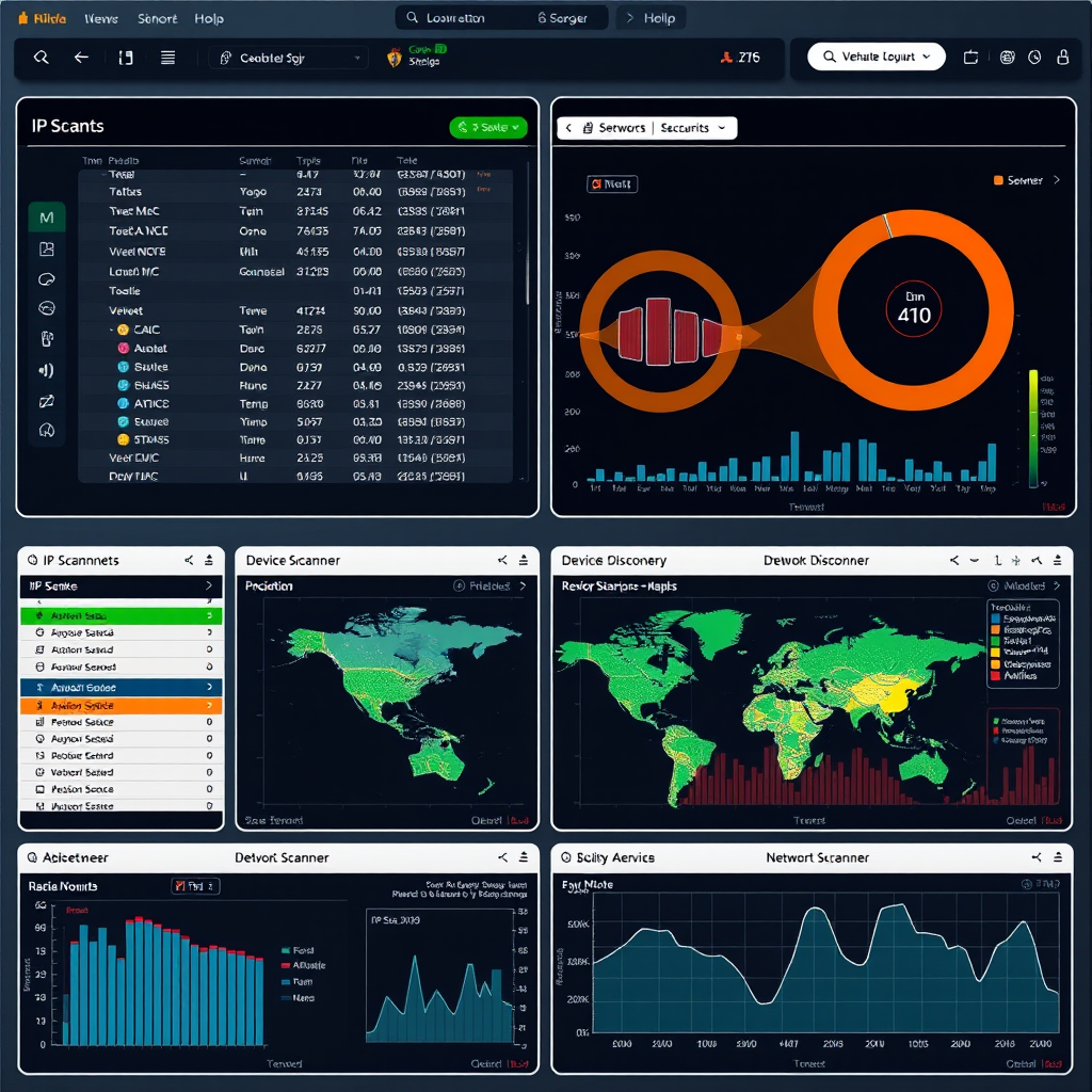 Modern network security dashboard showing IP scanning results, device discovery maps, and real-time monitoring graphs with various network scanner tools integrated into a unified interface
