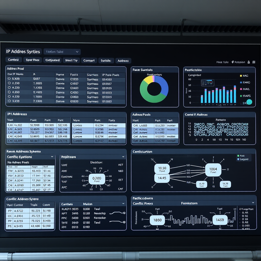 Professional IP address management dashboard displaying organized IP allocation tables, subnet configurations, address pools, and network addressing schemes with monitoring tools and conflict detection systems