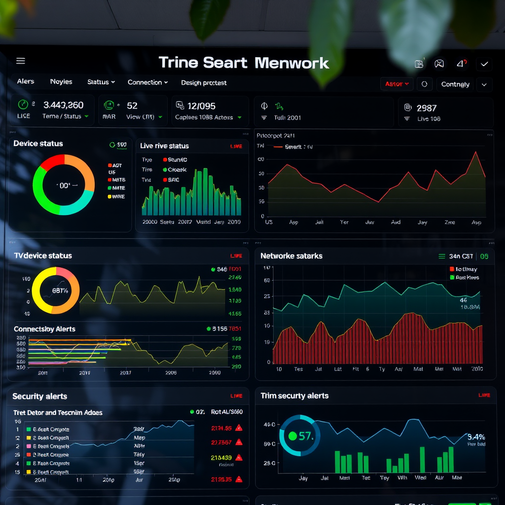Real-time network monitoring dashboard displaying live device status, connection statistics, and security alerts with colorful graphs and network health indicators