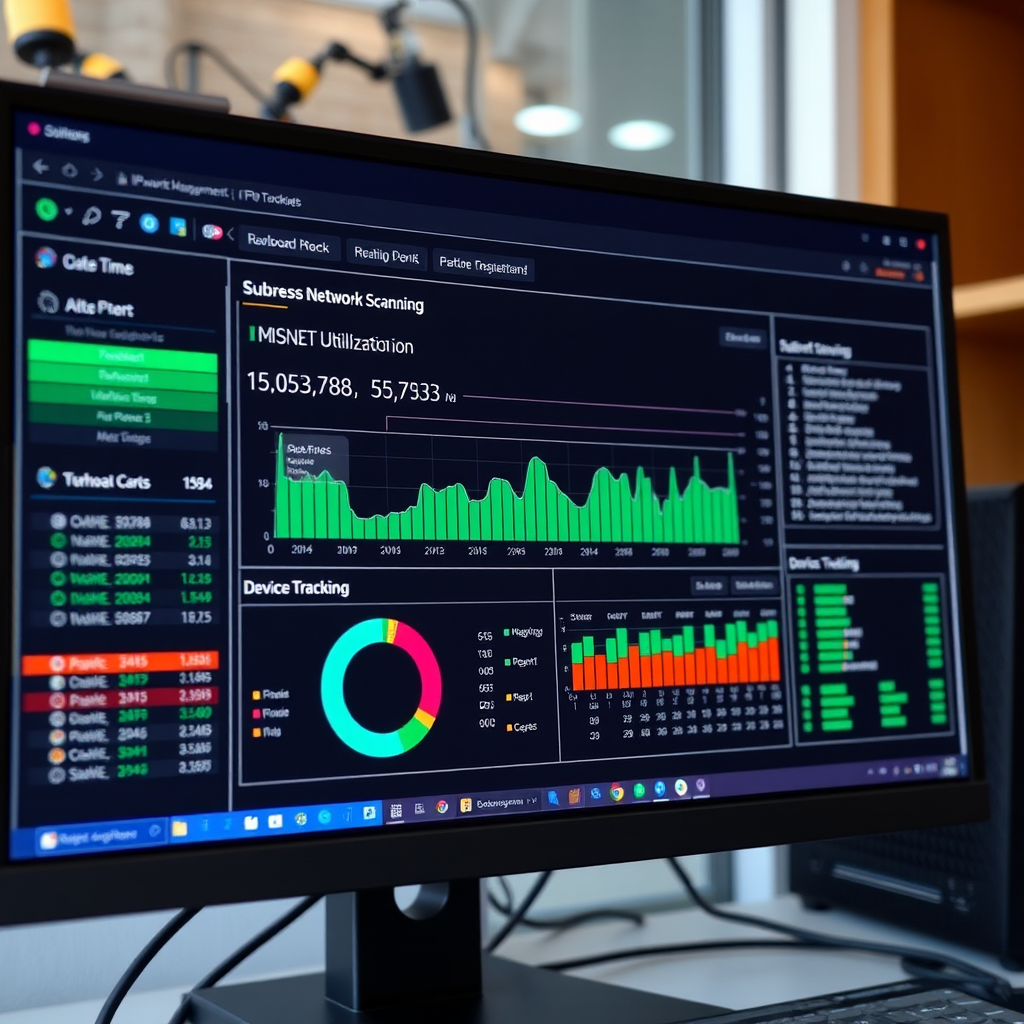 Computer monitor displaying IP address management dashboard with real-time network scanning results, subnet utilization charts, and device tracking interface