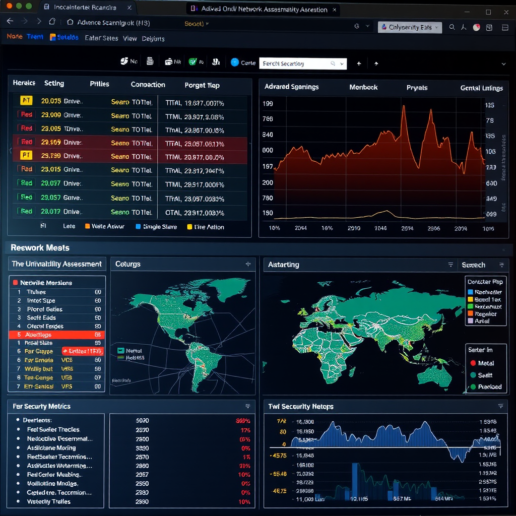 Advanced network scanning interface displaying real-time vulnerability assessment results with color-coded threat levels, network topology map, and detailed security metrics dashboard