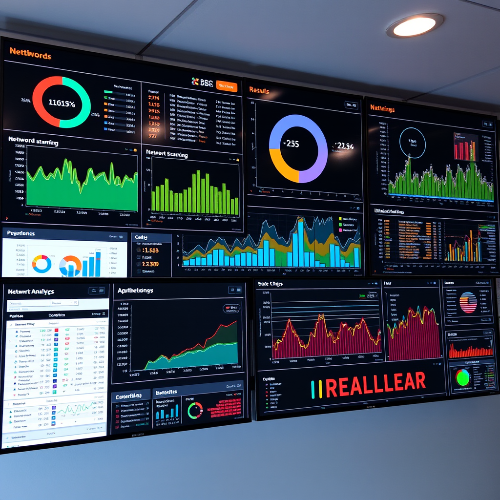 Modern analytics dashboard displaying network scanning results with colorful charts, graphs, and real-time monitoring data on multiple screens