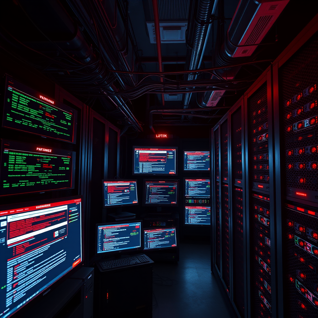Cybersecurity breach visualization showing compromised network infrastructure with red warning indicators, server racks, and security alerts on multiple computer screens in a dark data center environment