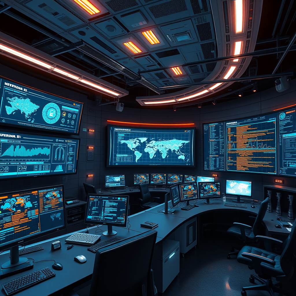 Futuristic network operations center with holographic displays showing AI-powered network analysis, predictive maintenance alerts, and automated response systems managing global network infrastructure