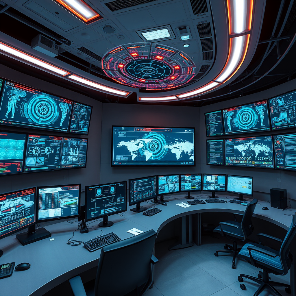 Futuristic healthcare network operations center with advanced network scanner displays showing AI-powered threat detection, automated response systems, and comprehensive device monitoring across multiple medical facilities