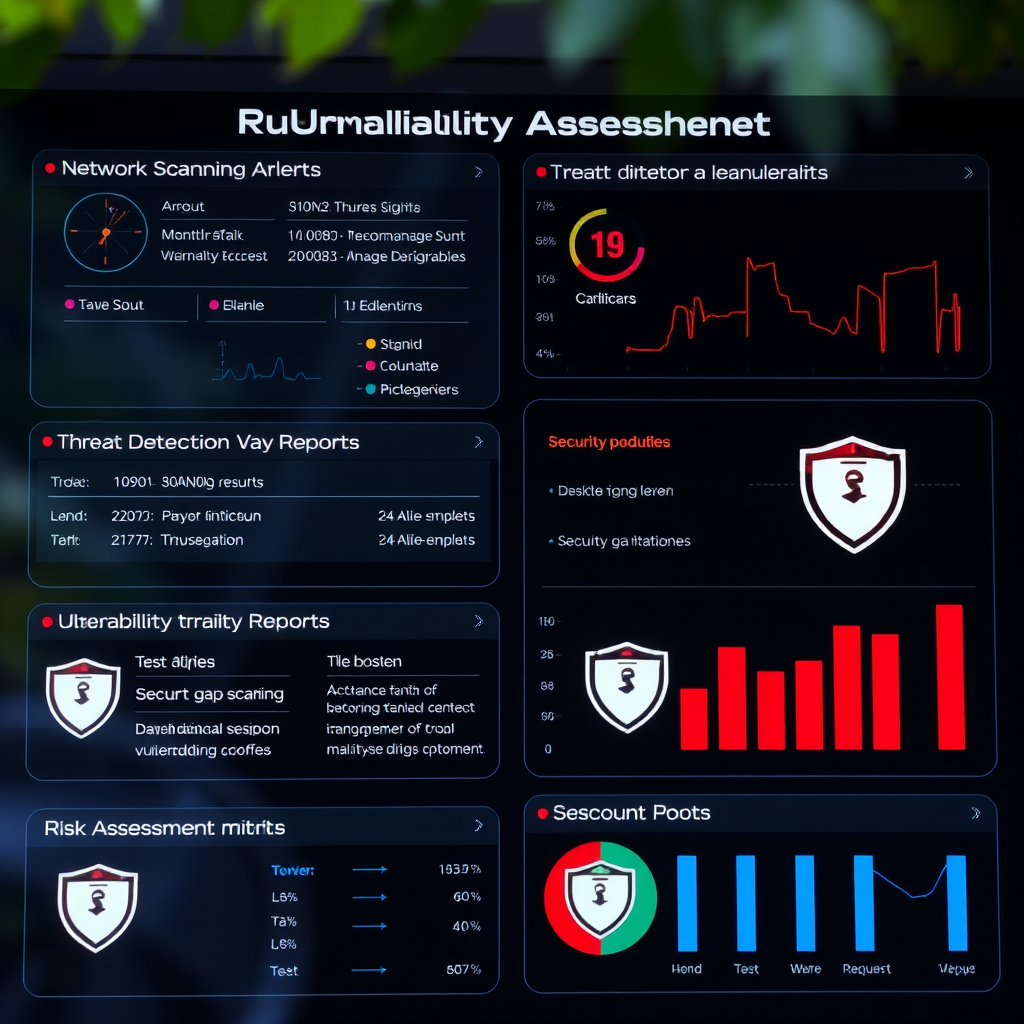 Security vulnerability assessment interface showing network scanning results, threat detection alerts, vulnerability reports, security gap analysis, and risk assessment metrics with protective shield icons
