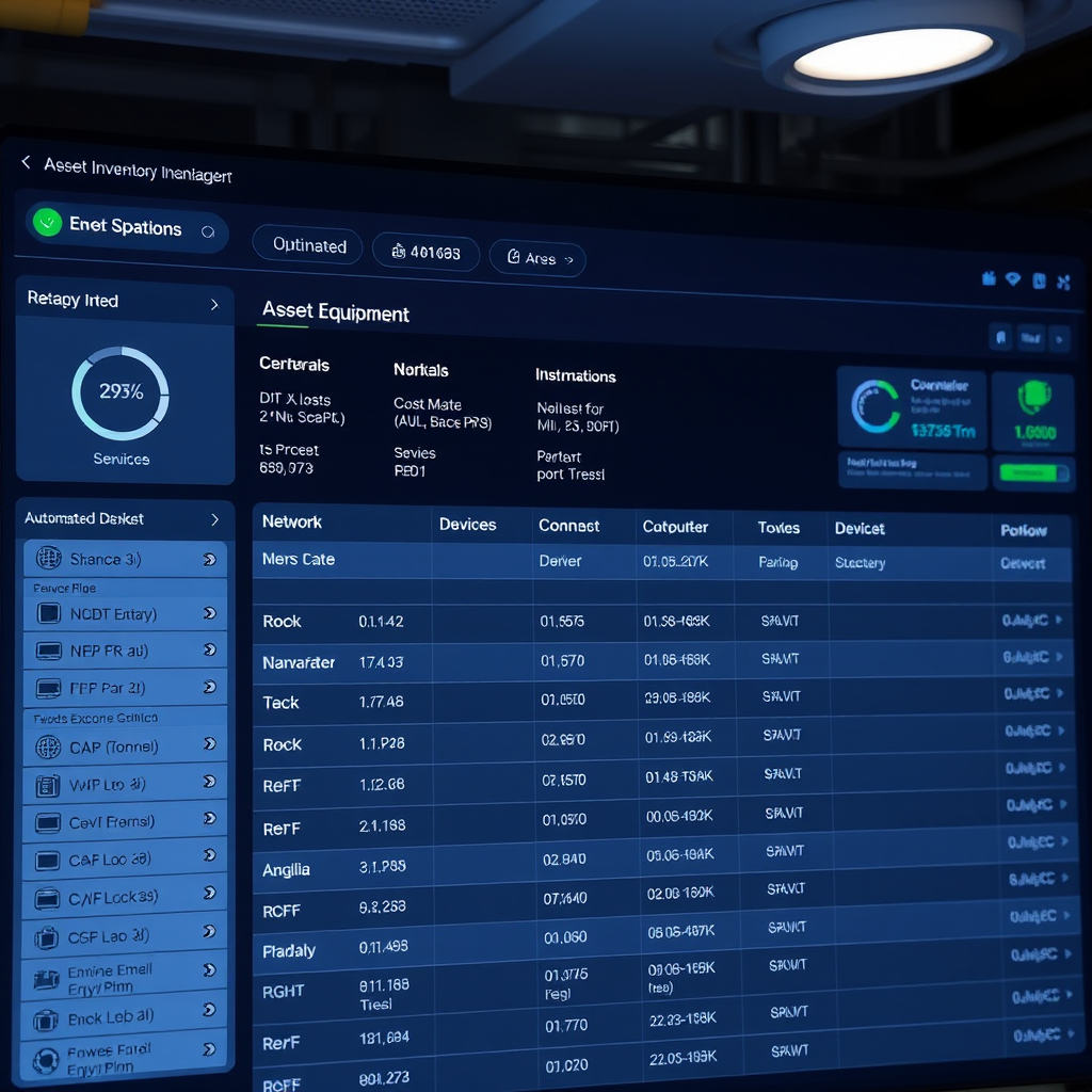 Digital asset inventory management interface showing detailed device information, categorization, and automated tracking of network equipment and connected devices