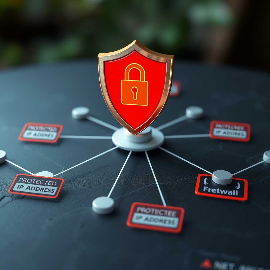 Security shield icon overlaying network diagram showing protected IP address ranges and secure network segments with firewall protection