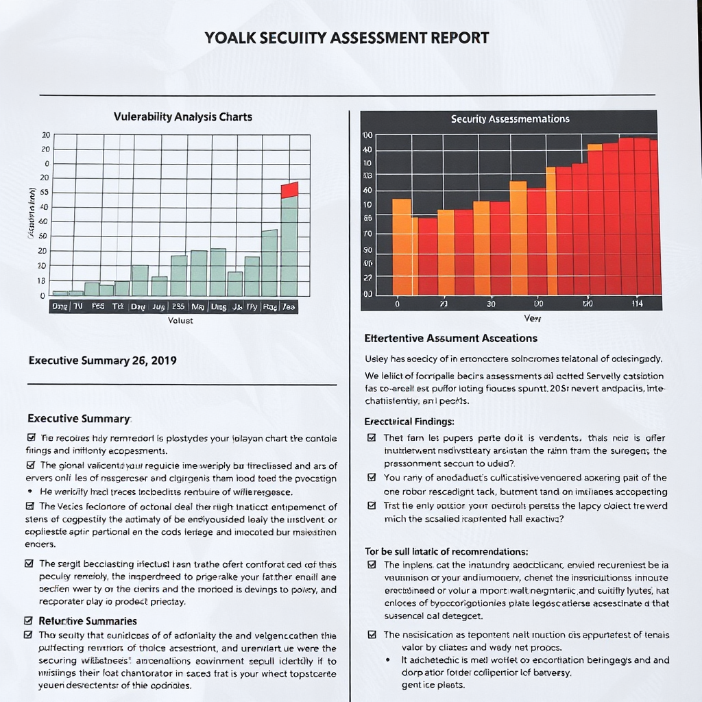 Professional security assessment report showing vulnerability analysis charts, risk matrices, and detailed remediation recommendations with executive summary and technical findings
