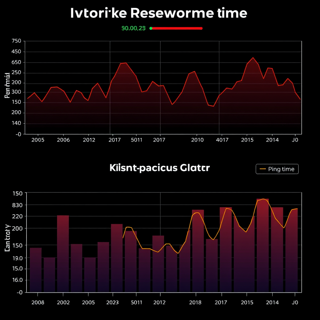 Line graphs and bar charts displaying network response time metrics over time periods, showing latency measurements, ping times, and performance trends with color-coded indicators
