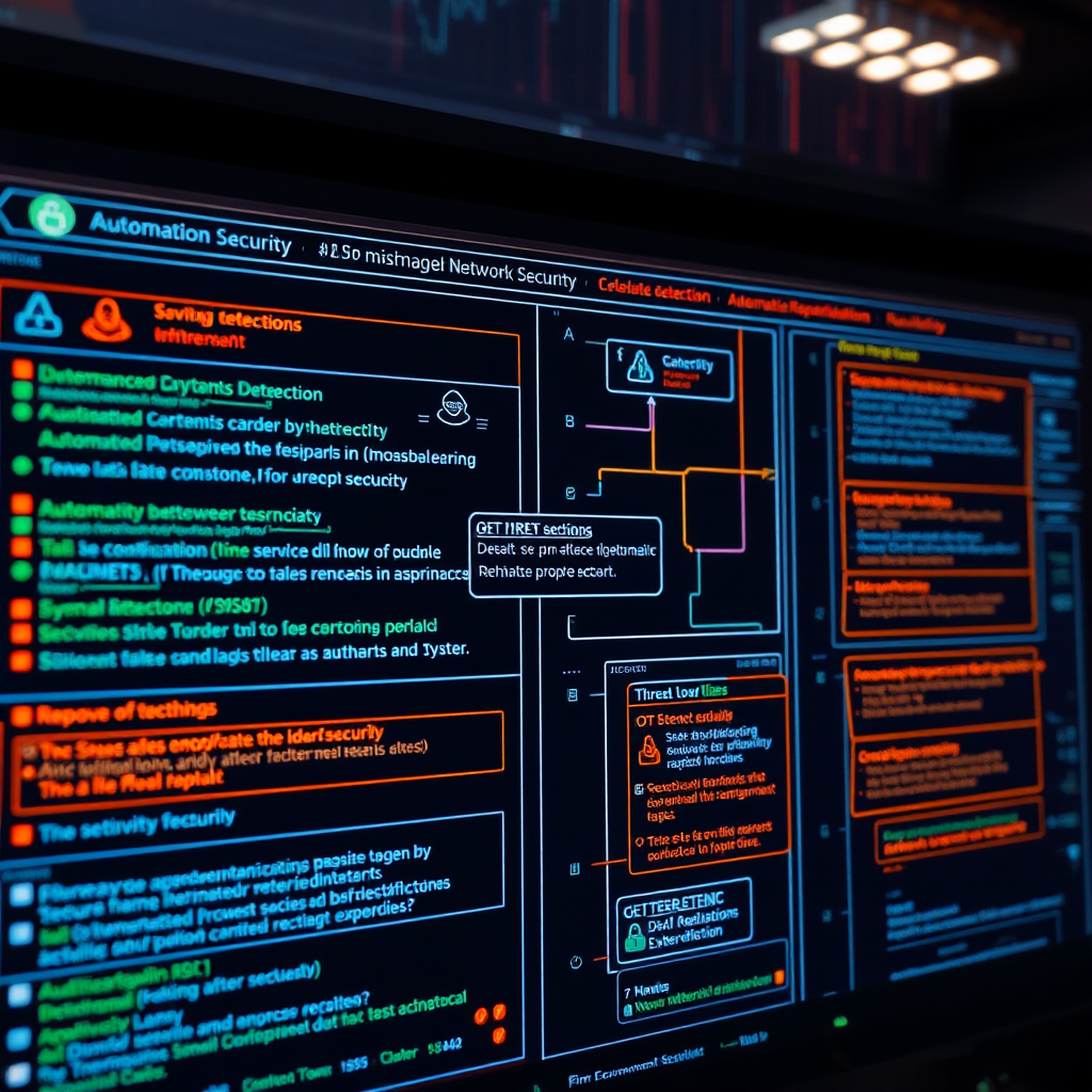 Automated network security system interface showing real-time threat detection and automatic remediation processes with security alerts and response protocols