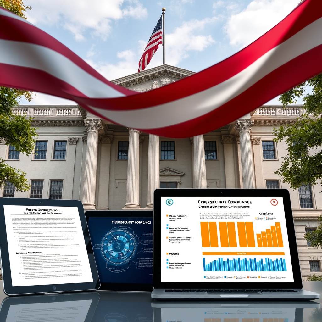 Professional government building with American flag, legal documents, and cybersecurity compliance charts displayed on tablets and laptops, representing federal network security regulations and compliance requirements
