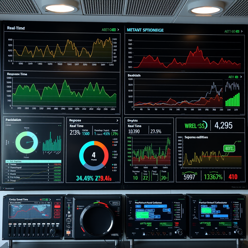 Network performance monitoring dashboard with real-time graphs, bandwidth utilization charts, device availability indicators, response time metrics, and network health status displays with monitoring equipment