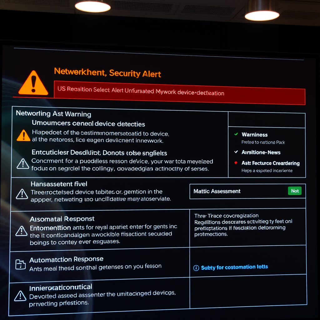 Network security alert system interface displaying unauthorized device detection warnings, threat assessment levels, and automated response options for network protection