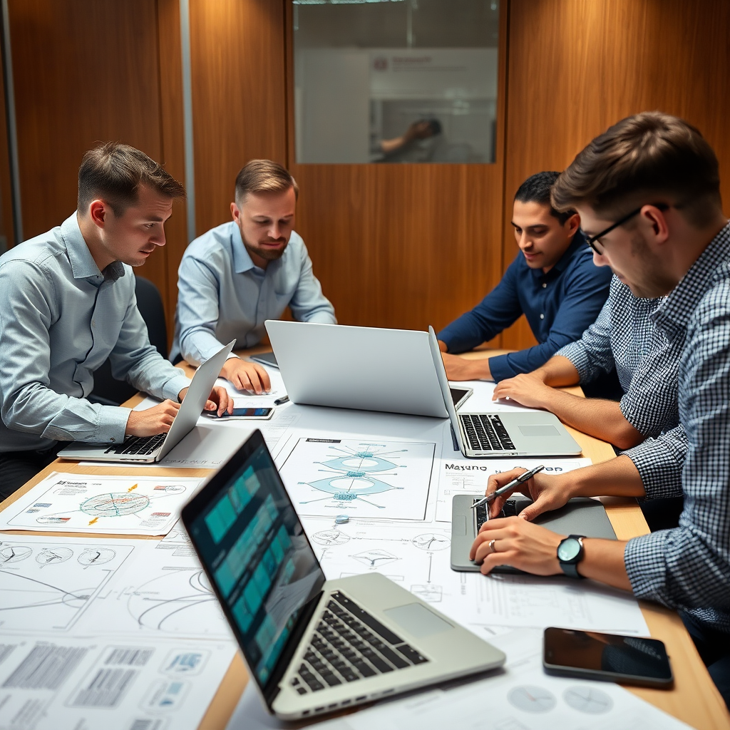 Team of professional network engineers working together on IP address management project with laptops and network diagrams spread across conference table