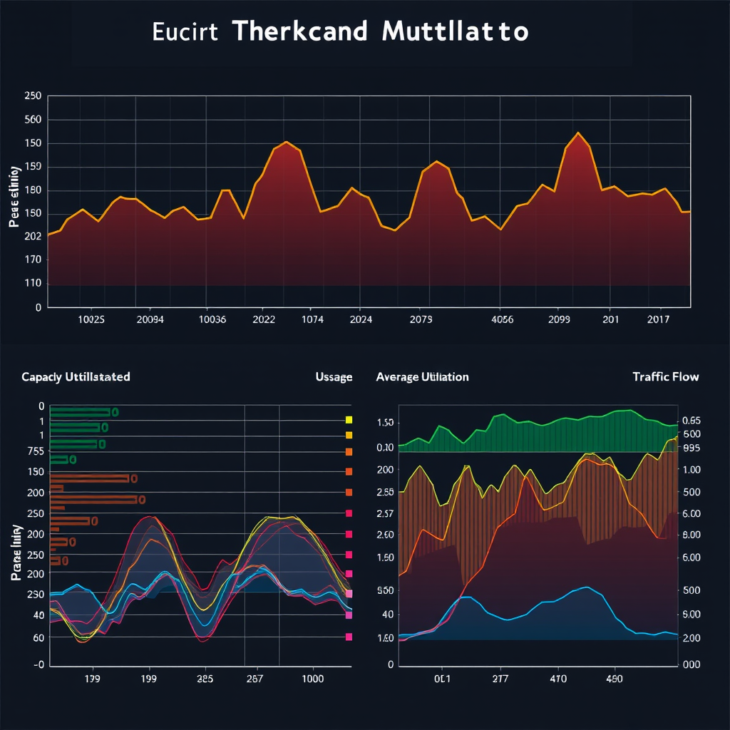 Network utilization graphs showing bandwidth usage over time with peak and average utilization lines, color-coded traffic flow diagrams, and capacity threshold indicators