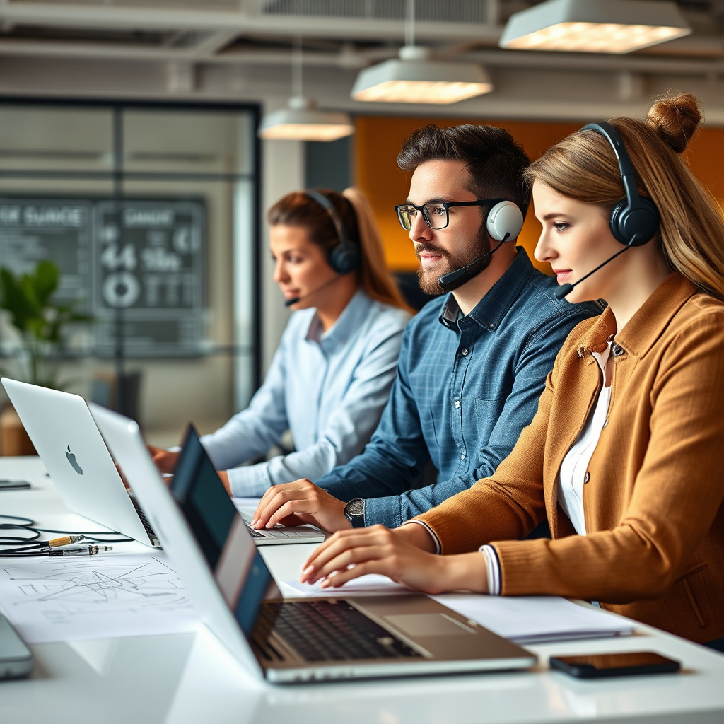 Professional IT support team providing consultation services with laptops and network diagrams in a modern office environment