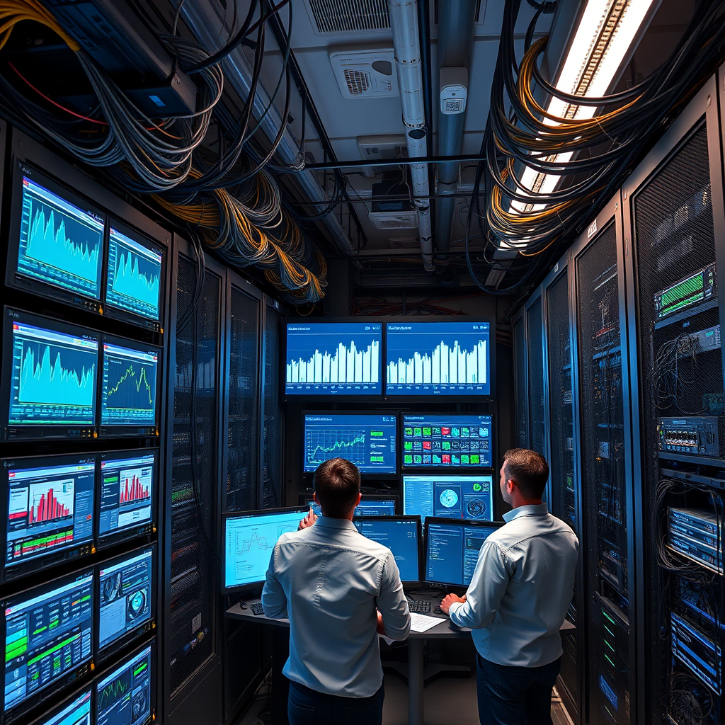 Modern enterprise data center with multiple server racks, network cables, monitoring screens displaying performance graphs and analytics, IT professionals analyzing network infrastructure performance metrics