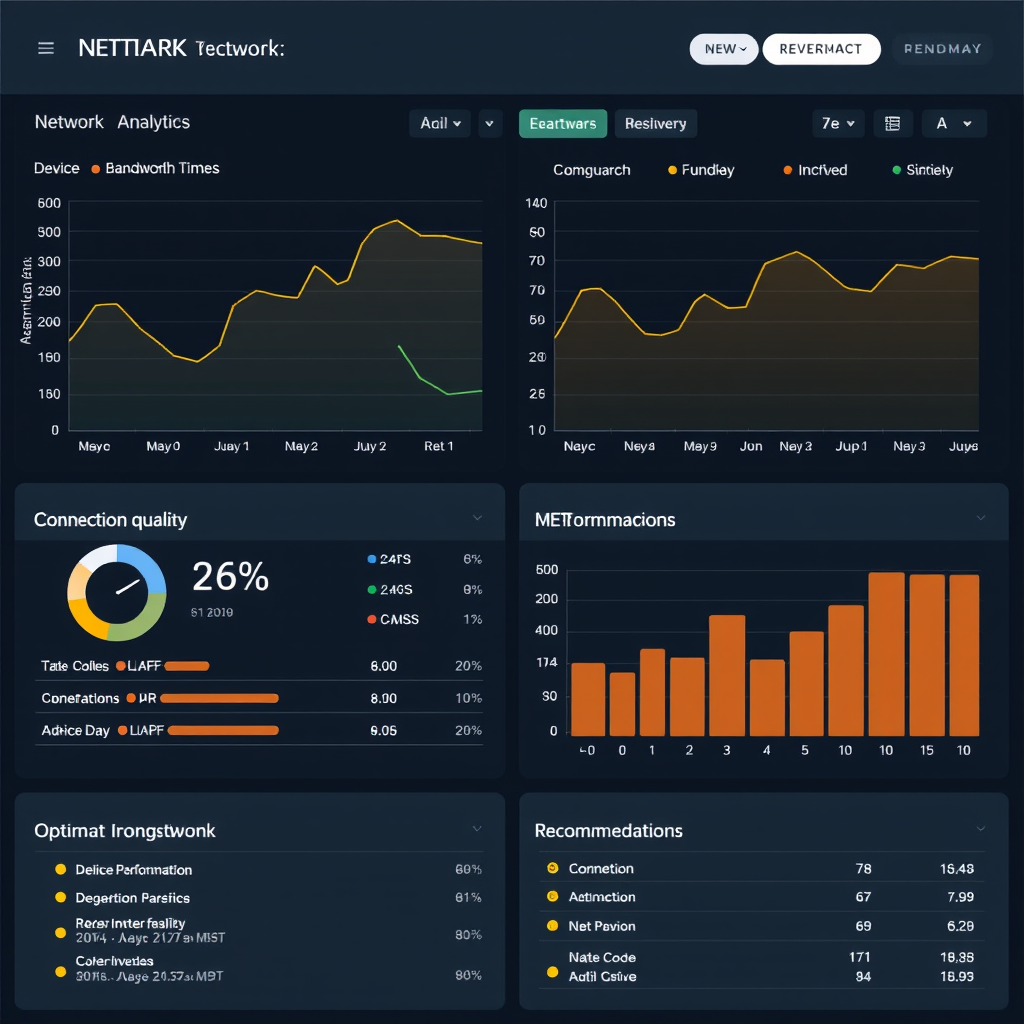Network performance analytics dashboard showing bandwidth utilization, device response times, connection quality metrics, and optimization recommendations for network administrators