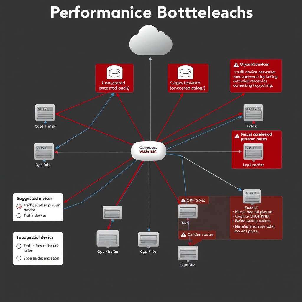Network topology diagram highlighting performance bottlenecks with red warning indicators, showing congested network paths, overloaded devices, and traffic flow patterns with suggested optimization routes