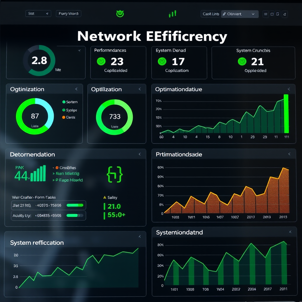 Network efficiency dashboard showing performance metrics, optimization recommendations, bandwidth utilization charts, and system health indicators with green status lights and upward trending graphs